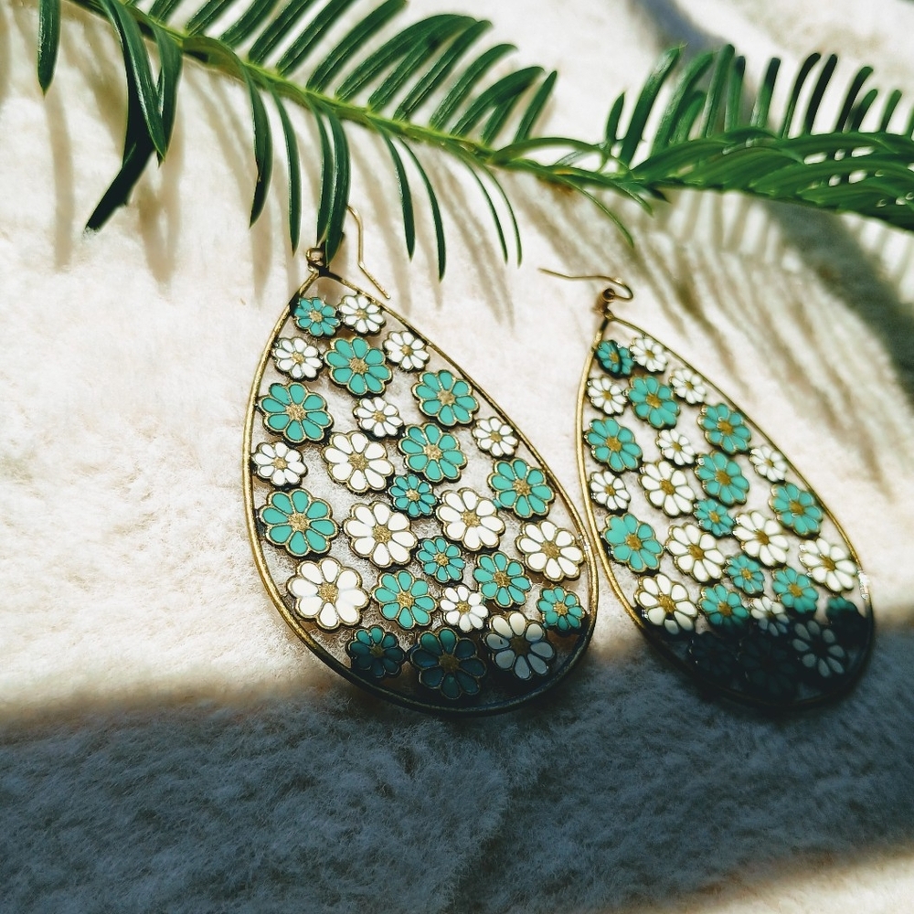 Large Faux Enamel Bronze Tone Teardrop Dangle Earrings, boho, Southwestern, Boho - Picture 3 of 6